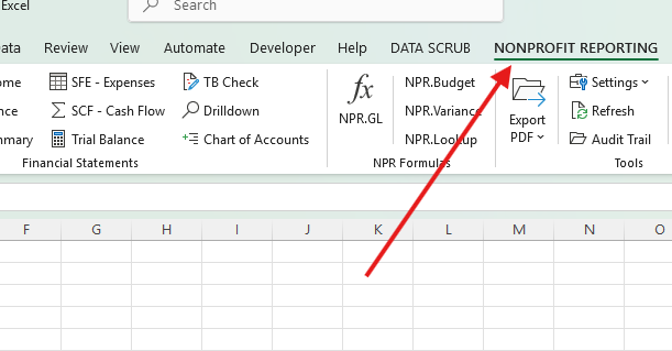 NonprofitReports tab displayed in the Microsoft Excel ribbon